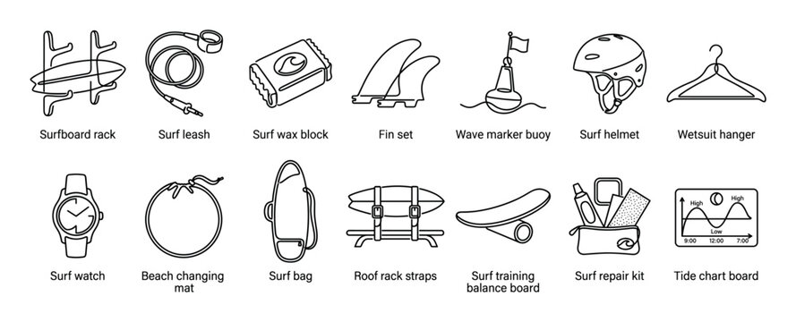 Set of surfing equipment line icons shows essential gear like a surfboard rack, leash, wax, fins, helmet, and tide chart for a complete watersports collection