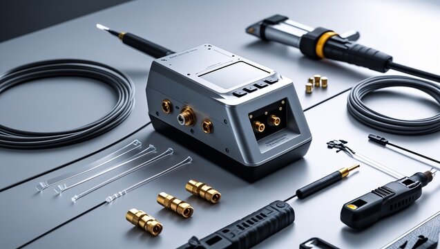 Professional Fiber Optic Fusion Splicer with Precision Optical Fiber Cables on Clean Workbench