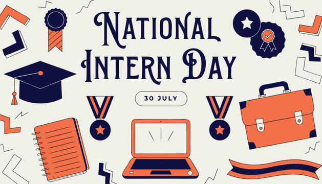 National intern day celebration graphic featuring office icons and laptop
