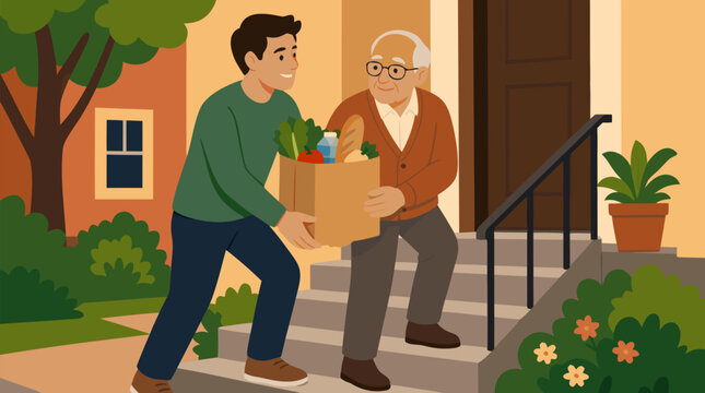 A kind man helping his elderly neighbor carry grocery bags up front steps in warm friendly tones, suitable for community care, social service, and heartwarming lifestyle content as a clean flat vector