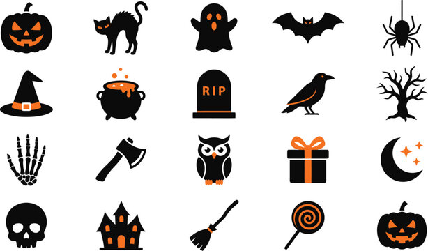Flat Halloween Minimalist Icon Set with Orange and Black Spooky Elements