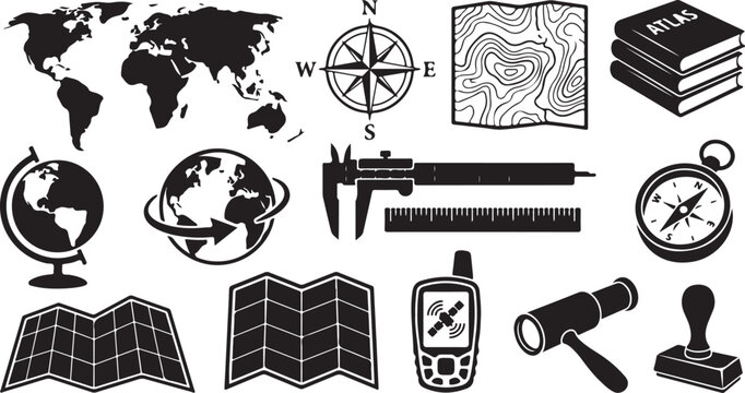 Collection of black silhouette featuring navigation and geography tools, including a map, compass rose, topographic map, atlas books, globes, calipers, gps device, telescope, and stamp
