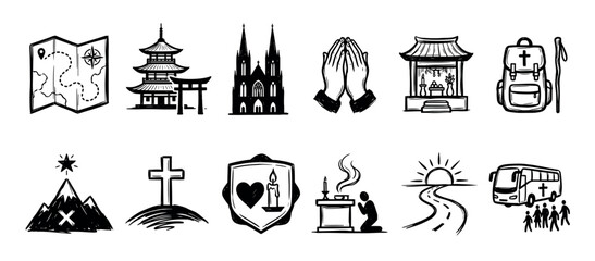 Naklejka premium Collection of hand-drawn religious pilgrimage icons showing a map, cathedral, pagoda, cross, and praying hands for a spiritual journey concept in a black ink sketch style