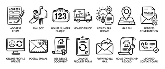 Fototapeta premium Change of address icon set in a hand-drawn sketch style featuring a moving truck, mailbox, forms, and documents for updating personal information and residence