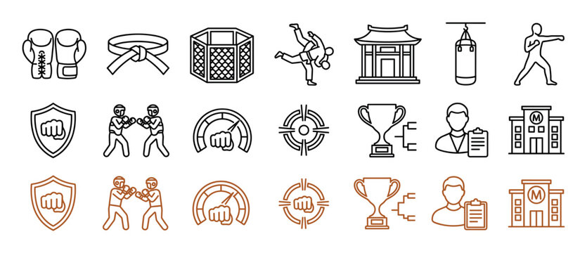 Collection of combat sports and martial arts line icons featuring boxing gloves, an octagon, a trophy, a punching bag, and sparring fighters in two color variations