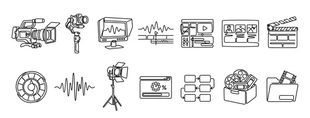 Fototapeta premium Set of video production icons drawn in a minimalist single line art style, featuring a camera, clapperboard, film reel, editing software, and other filmmaking equipment symbols