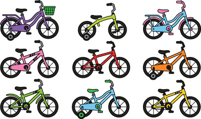 Colorful children bicycle cartoon vector illustration set for kids recreation and outdoor sports design concepts