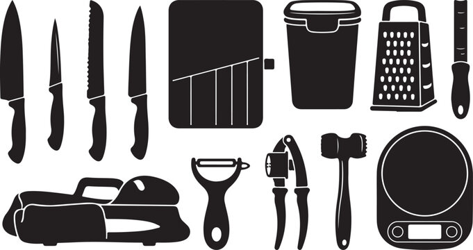 Set of black kitchen utensil silhouettes including various knives, a grater, a vegetable peeler, a garlic press, a meat tenderizer, a digital food scale, and a knife sharpener on a white background