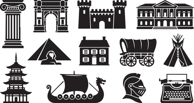 Set of black silhouette featuring historical architecture, ancient monuments, a covered wagon, a viking ship, a knight's helmet, and a vintage typewriter on a white background