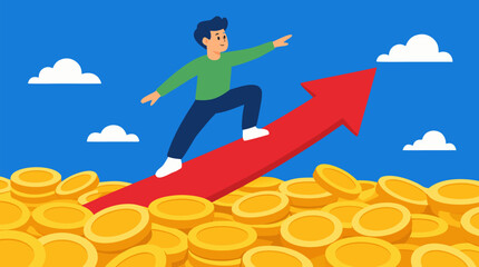 Fototapeta premium A young man triumphantly riding an ascending arrow like a surfboard over a shimmering sea of golden coins, ideal for financial growth success and investment concepts, clean flat vector illustration on