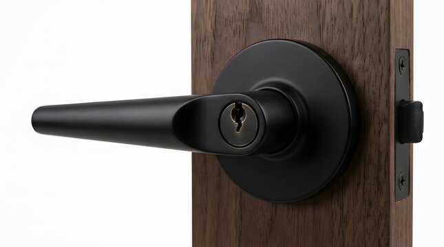 Matte black door lever handle with integrated lock installed on wood panel.