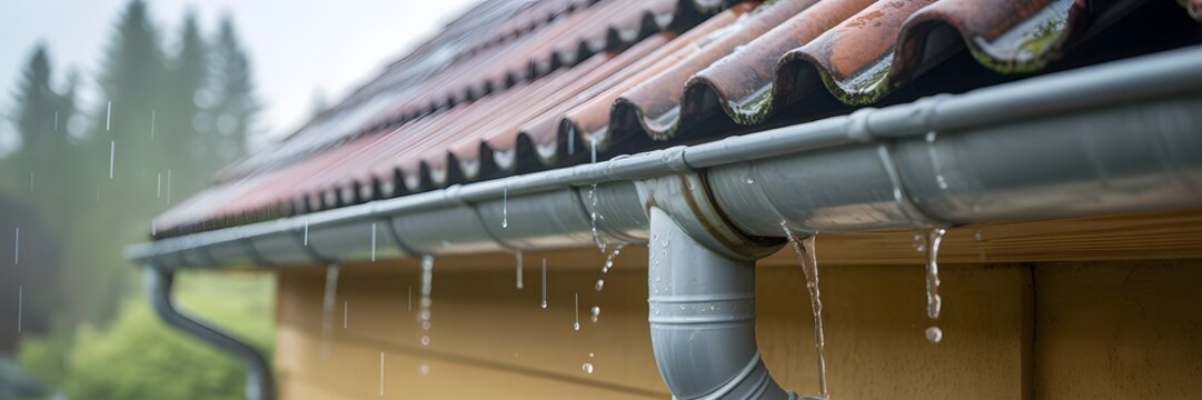 Rainy day scene of house gutter system with water dripping from downspout pipe