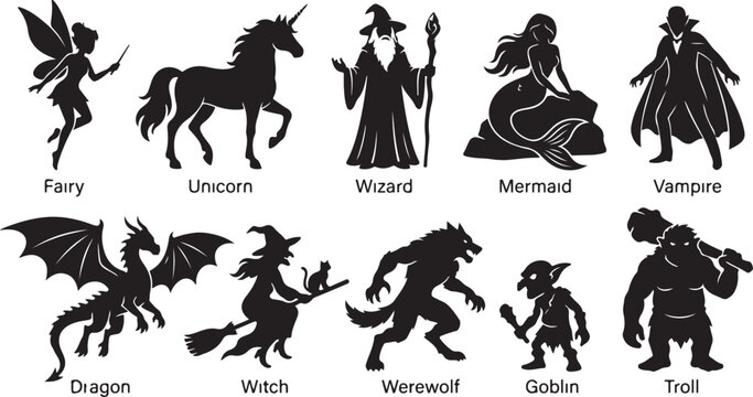 Set of ten black silhouette featuring mythical creatures including a fairy, unicorn, wizard, mermaid, vampire, dragon, witch, werewolf, goblin, and a troll, isolated on a white background