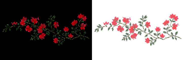 Red floral pattern with dark green leaves on black background for embroidery design motifs. © Pixstora
