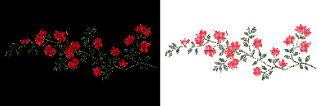 Red floral pattern with dark green leaves on black background for embroidery design motifs.