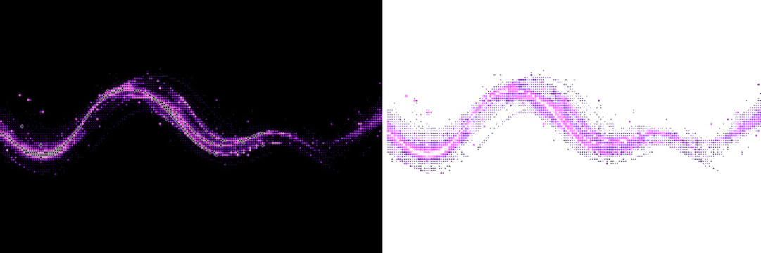 Glowing purple wave of sparkling particles and dots moving across dark background resource.