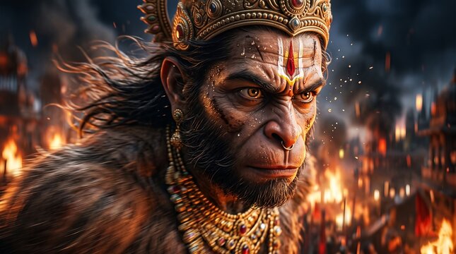 Lord Hanuman portrait with intense expression and fire background