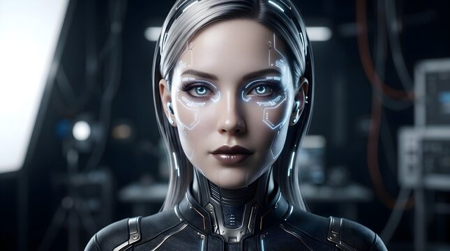 Cyborg woman with glowing blue circuit patterns across her face. Her eyes reflect calm intensity, hinting at focus or resolve. Dark armored suit frames her sleek, futuristic features