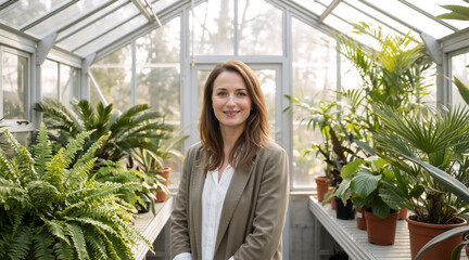 Fototapeta premium Smiling professional woman standing in a bright greenhouse. Female plant nursery owner surrounded by potted green plants. Botany and horticulture business concept