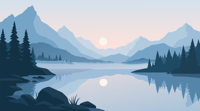 Clean flat vector illustration of a serene mountain lake with pine forests, sunrise reflections, and misty peaks on a light background for travel ads.