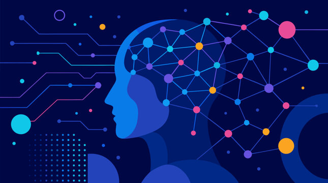 Clean flat vector illustration of an artificial intelligence head with connected neural nodes and circuit lines on a dark tech background, ideal for AI innovation content.