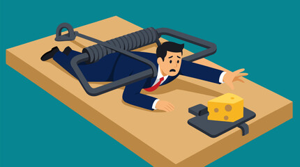 Fototapeta premium A suited office worker is caught under a giant mousetrap while reaching for cheese, a clean flat vector illustration on a light teal background for business risk campaigns.