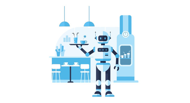Futuristic Robot Waiter Serving Drinks in Modern Cafe, Flat Vector Illustration of AI Automation in Service Industry