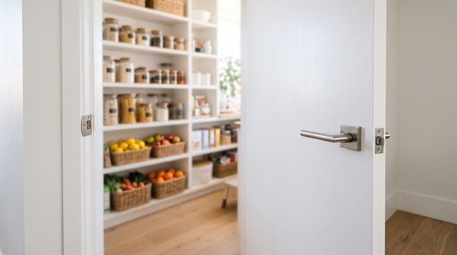 Open white door revealing organized pantry with shelves filled with food jars and fresh produce baskets in modern kitchen home interior design and organization concept