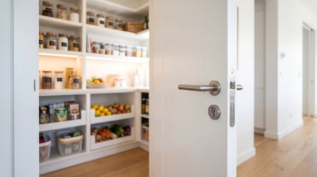 Modern pantry door partially open showing organized shelves with food containers and fresh produce in a bright minimalist kitchen interior design concept for home organization