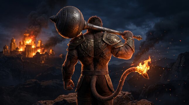 Lord Hanuman holding mace watching burning Lanka city