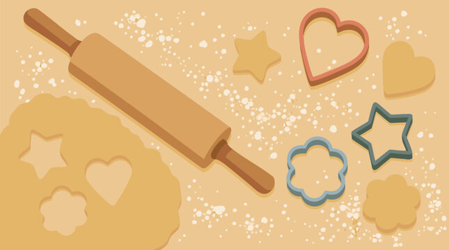 A clean flat vector illustration on a light background shows a rolling pin, flour, dough, and shaped cookie cutters for bakery ads, recipe cards, or cooking class promotions.