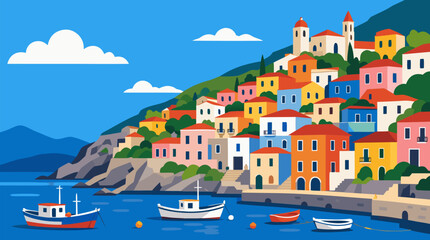 Obraz premium A clean flat vector illustration on a light background shows a colorful Mediterranean harbor village with boats, hillside houses, and church towers for tourism campaigns.