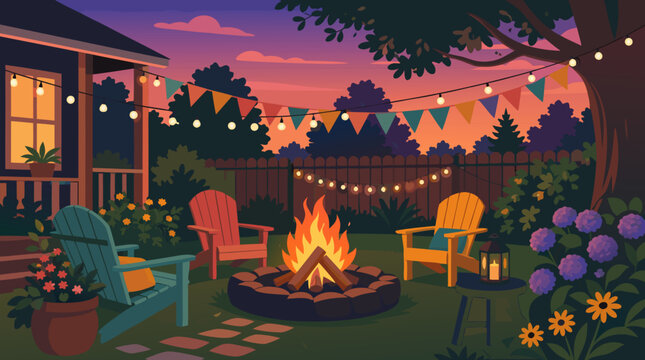 A clean flat vector illustration shows a cozy backyard fire pit party at sunset with chairs, string lights, flowers and bunting for outdoor event promotions.