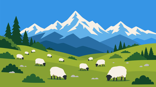 Clean flat vector illustration on a light blue background shows sheep grazing in alpine meadows below snowy mountains, ideal for farm tourism or pastoral branding.