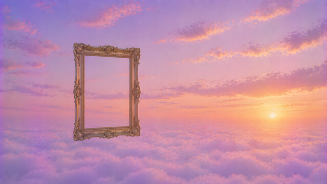 Floating Ornate Vintage Picture Frame Above Clouds at Dreamy Sunset Sky Surreal Dreamcore Concept