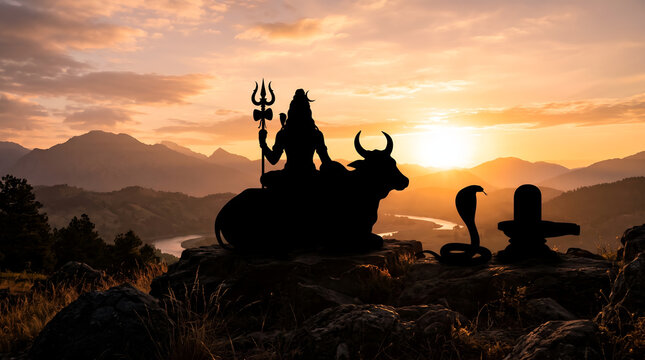 Silhoutte of Sacred Cobra Guarding Shiva Lingam, Hindu Devotional Naag Panchami Festival Concept