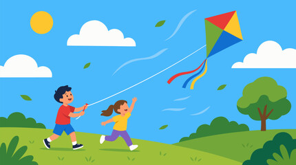 Naklejka premium Clean flat vector illustration on a light background showing two children running across a green park while flying a colorful kite, useful for play, summer, or leisure campaigns.
