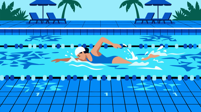 Clean flat vector illustration on a light background showing a swimmer doing freestyle in a pool lane, ideal for sports training, fitness, or swim club promotion.