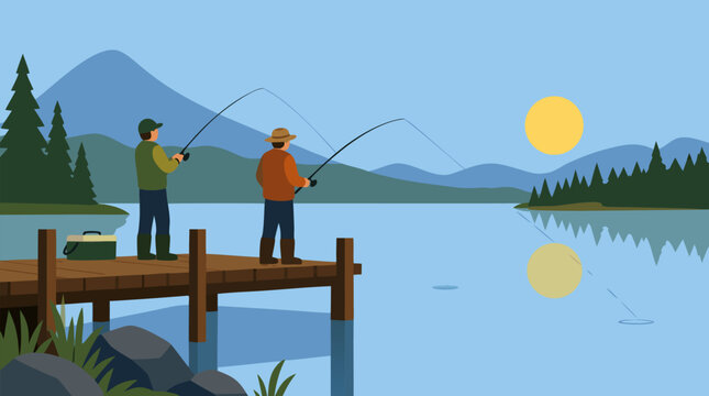 Clean flat vector illustration on a light background showing two anglers casting from a wooden dock on a mountain lake, ideal for outdoor recreation promotions.