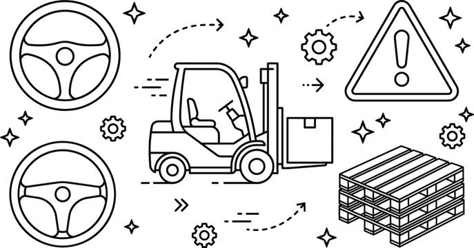 Warehouse logistics and forklift operation safety line icons set with steering wheels wooden pallets and warning vector