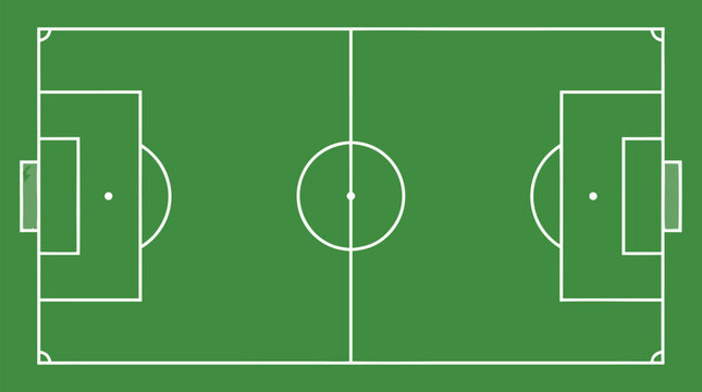 Clean flat vector illustration of a green soccer field diagram with white pitch markings on a light background, ideal for sports strategy or match layout graphics.