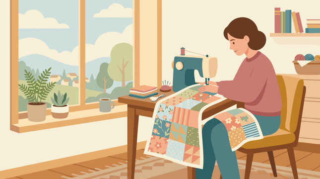 A clean flat vector illustration on a light background shows a woman sewing a colorful patchwork quilt by a sunny window, ideal for craft and hobby promotions.