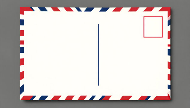 Airmail Postcard Mockup: A clean and crisp illustration of an airmail postcard with the classic red, white, and blue striped border and a designated stamp box, ready for your message.