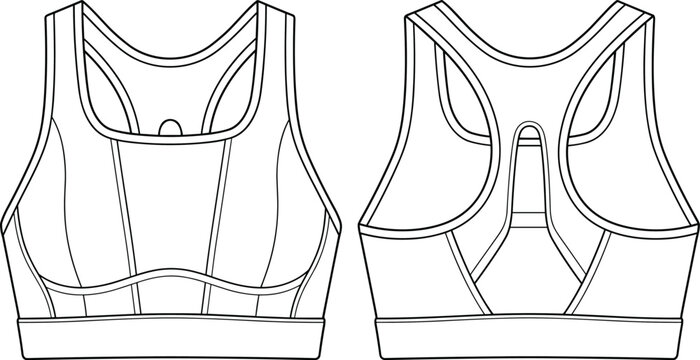 Technical fashion flat sketch of sports bra with racerback design, keyhole cutout, contoured bust seams, and elastic band support