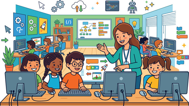 Kids learning coding in a classroom with teacher