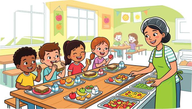 School cafeteria illustration lunchtime with happy children and server