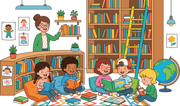 Children reading books in a cozy library with a teacher
