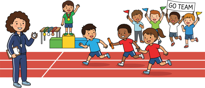 Children's track and field event with coach and medals
