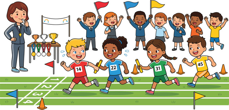 Kids participating in a fun track and field event with a coach