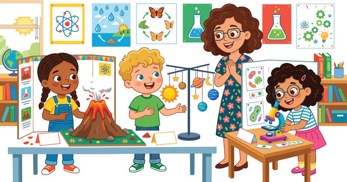 Diverse kids and teacher in a vibrant science classroom setting